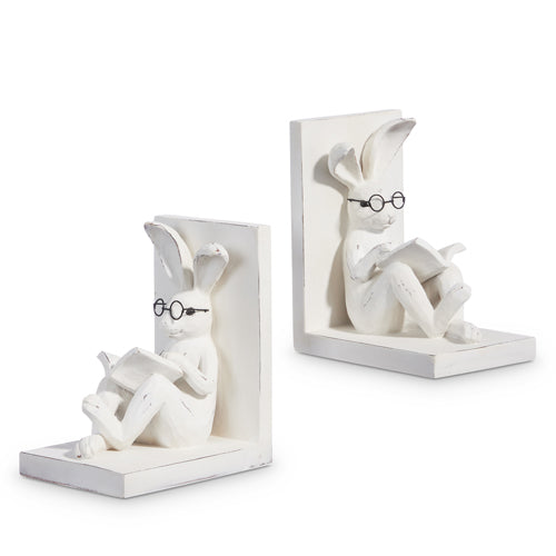 2 bookends with a bunny wearing glasses and reading a book.