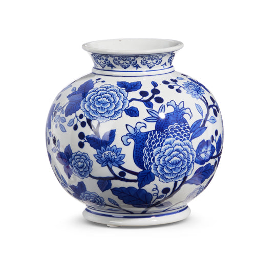 round vase with blue and white floral design.