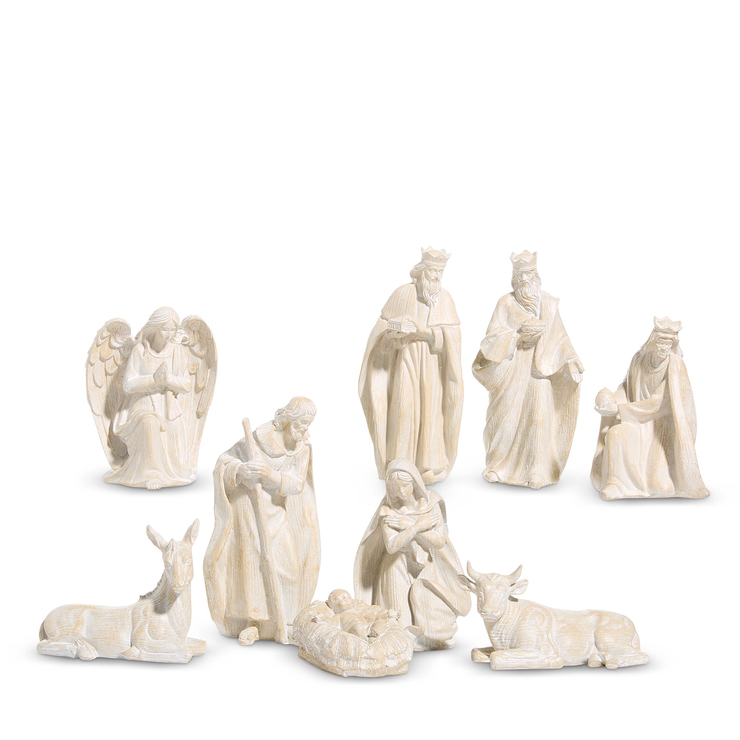 9 pieces of a nativity set arranged on a white background