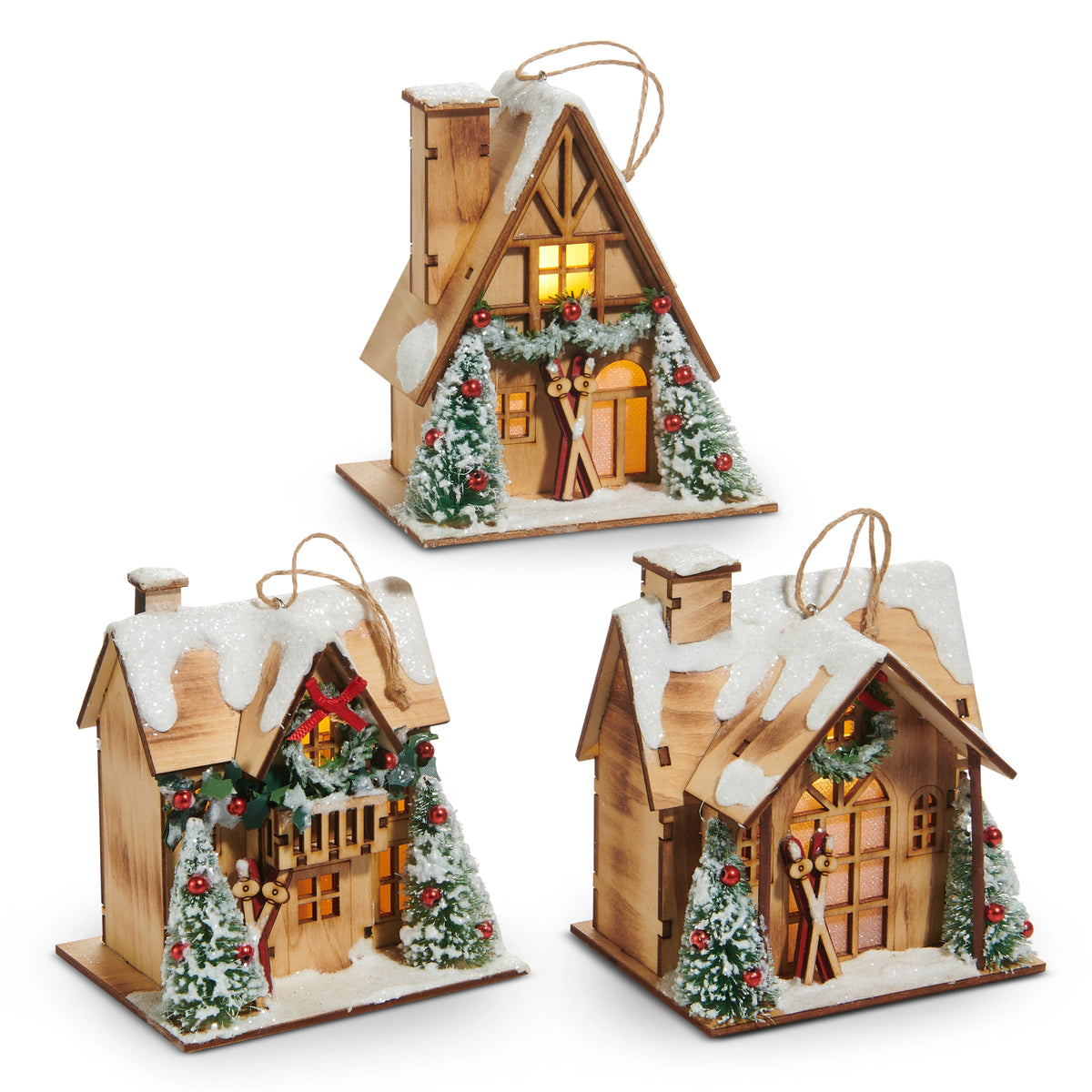 assorted lighted lodge house Ornaments shown on a white background