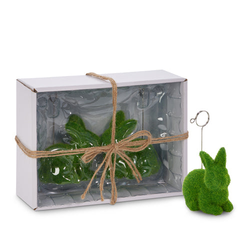 box of Moss Rabbit Place Card Holders with one Moss Rabbit Place Card Holder set outside the box
