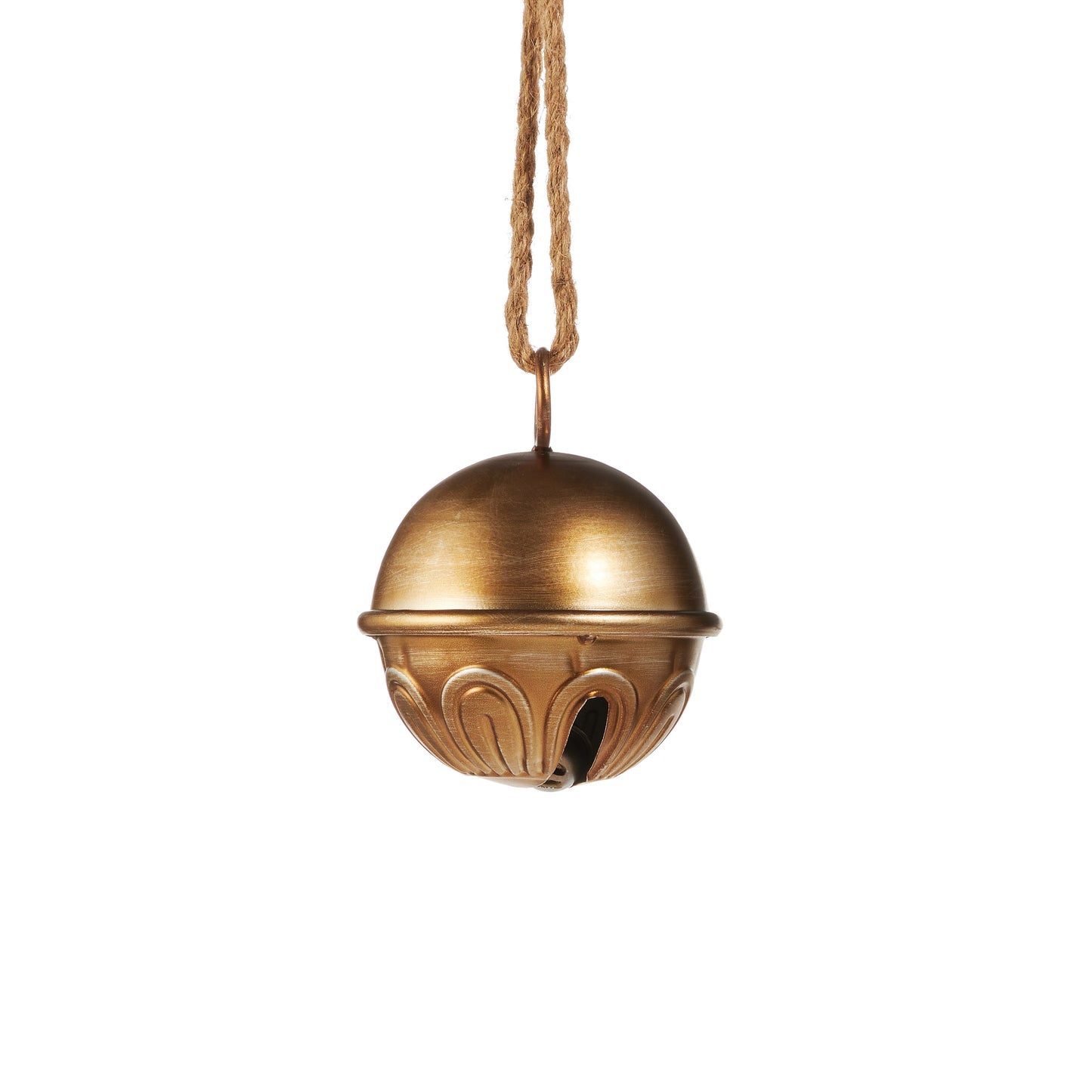 5 inch gold sleigh bell hanging from a jute cord shown on a white background