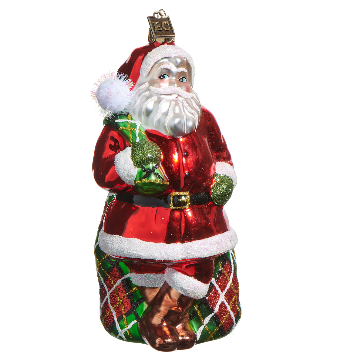 glass ornament with santa in red suit holding plaid sack shown on white background