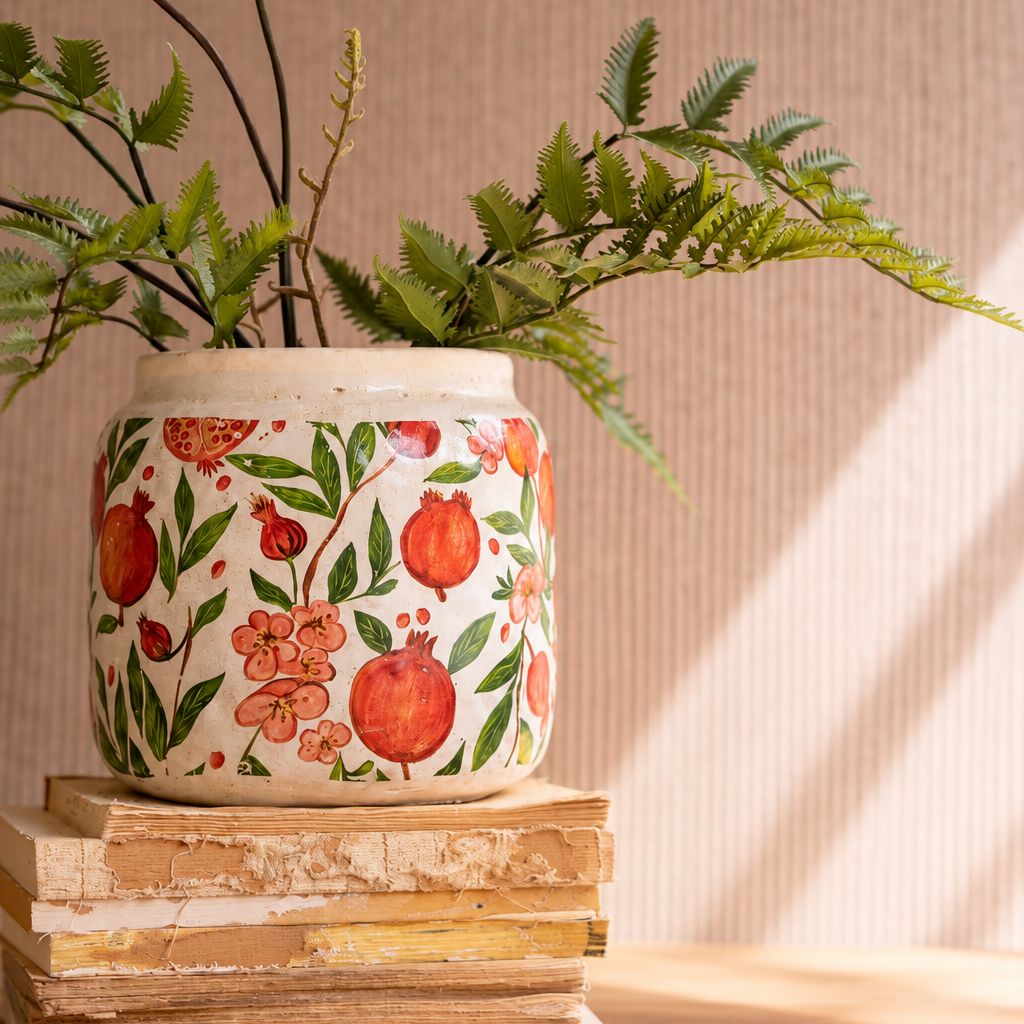 large concrete planter covered in a vibrant orange pom e granite and leaf design set on a stack of books on a beige striped background
