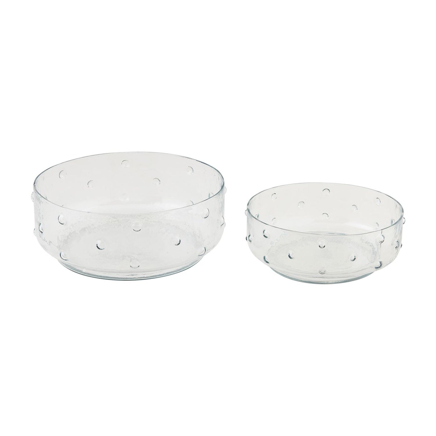 2 sizes of glass hobnail bowls shown on a white background.