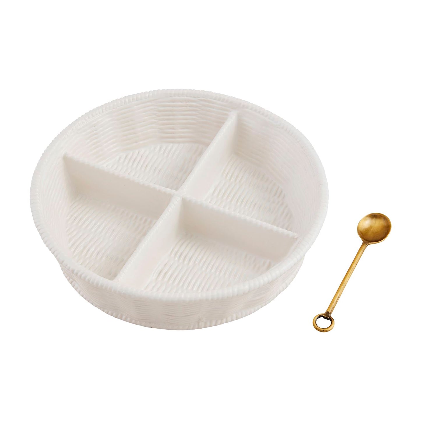 A white woven basket with four compartments and a gold-colored little spoon.