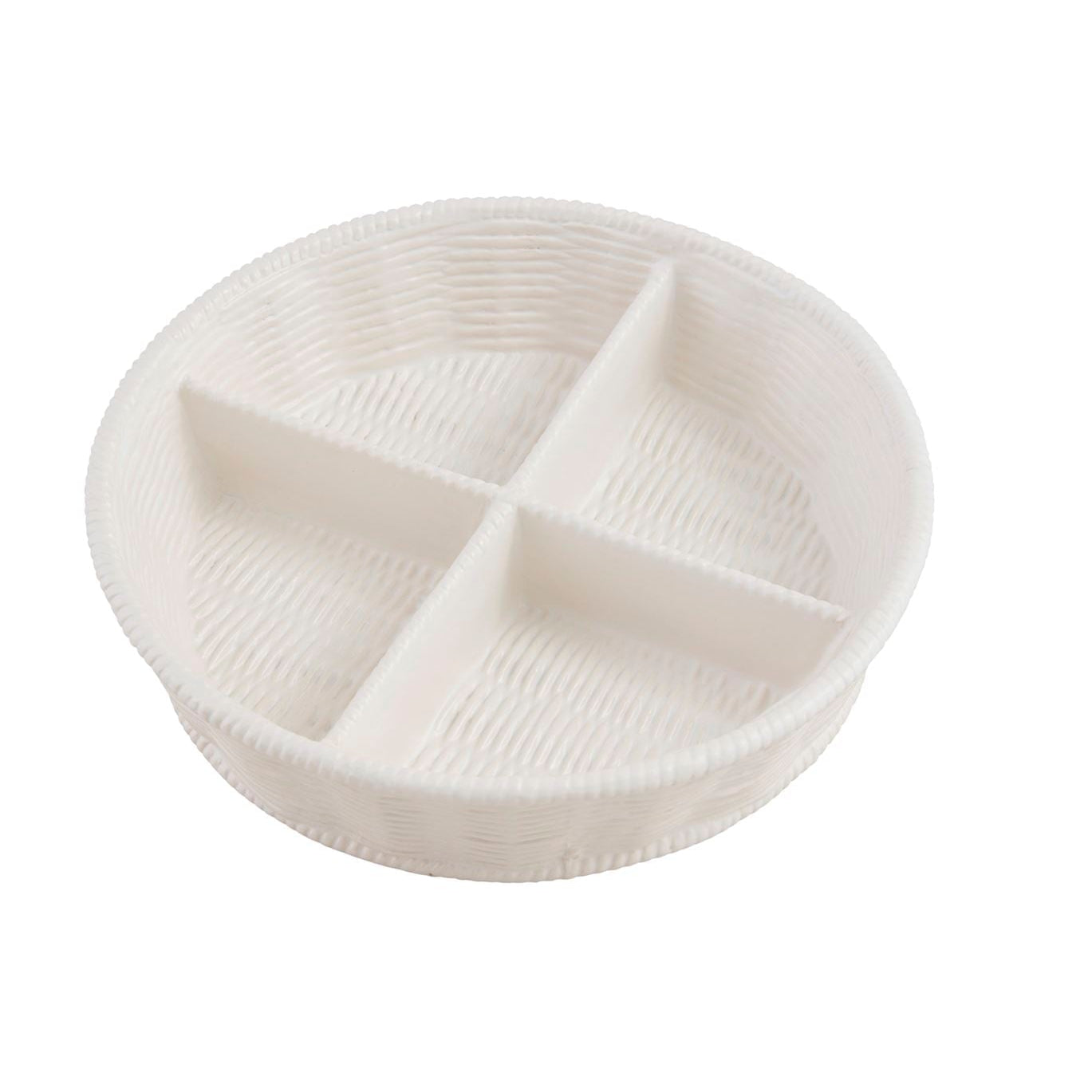 A white woven basket with four compartments