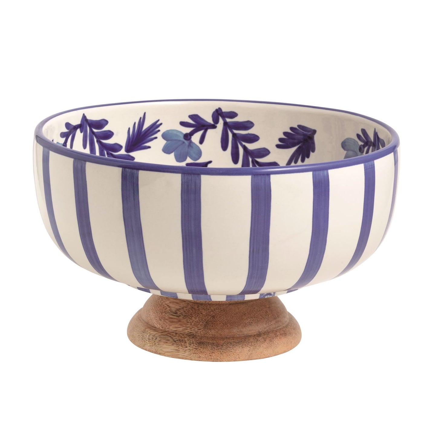 blue and white stripe bowl with a wooden base