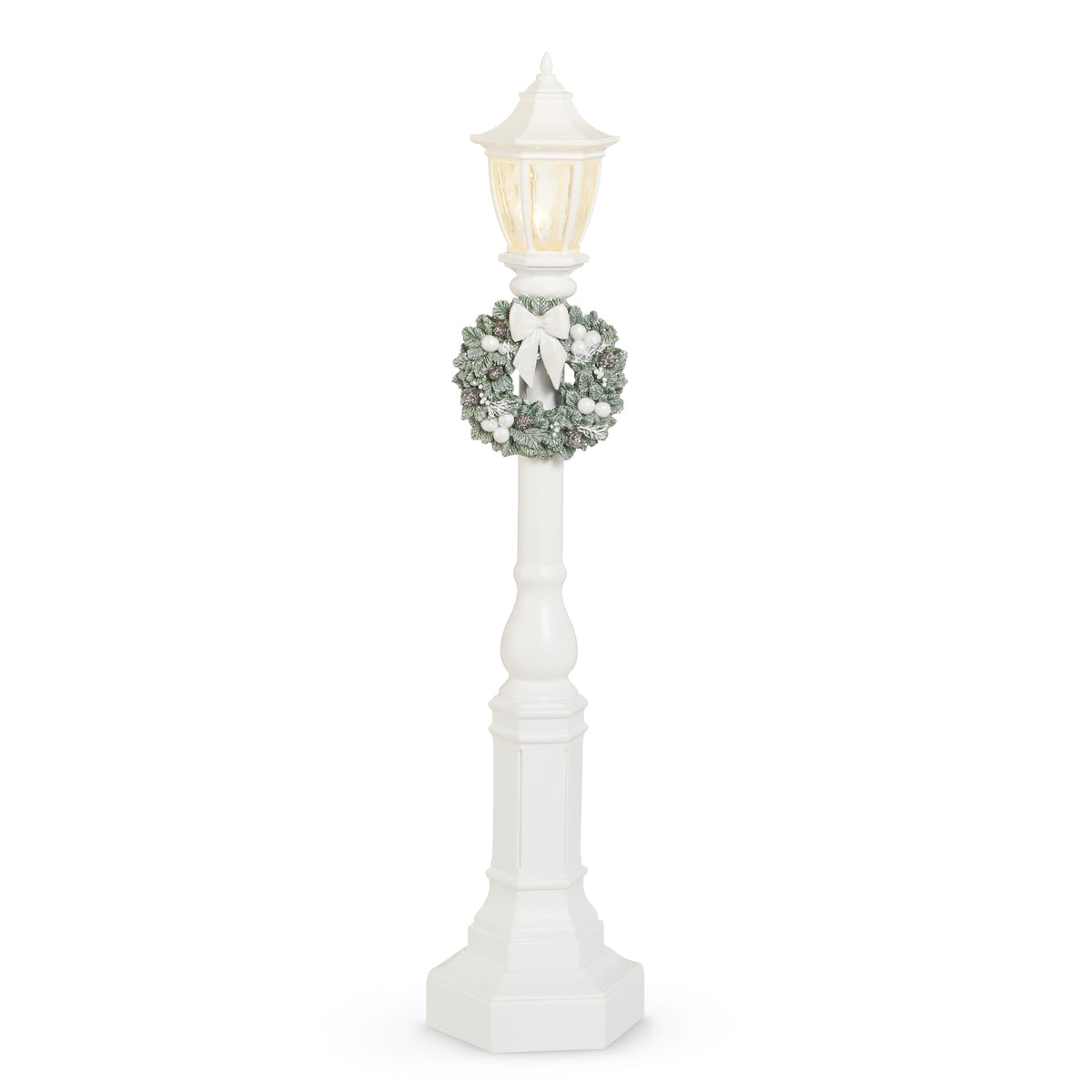 White Lamp Post with White Bow Wreath