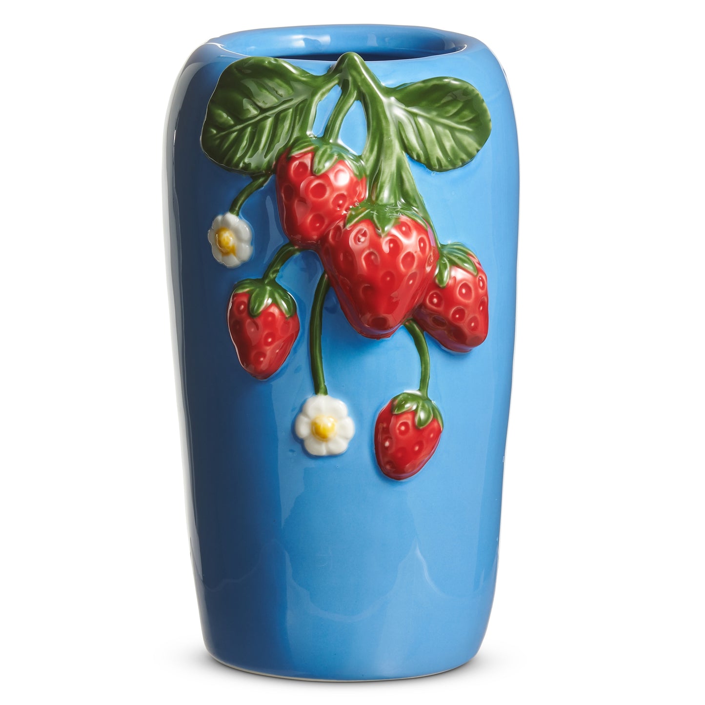 blue ceramic vase with red strawberries on it