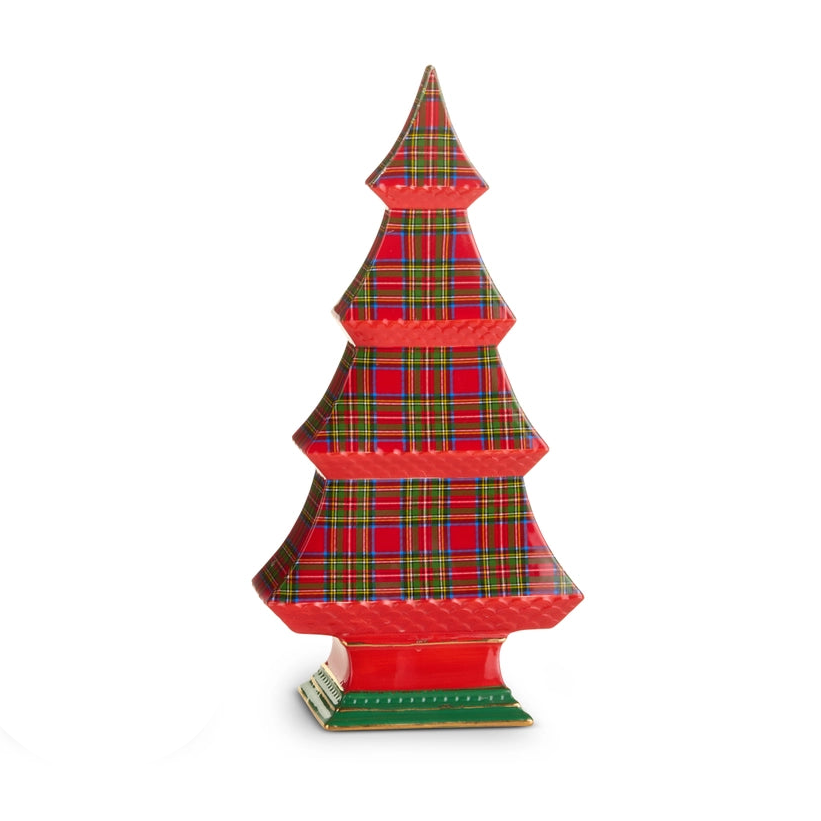 larger red and green plaid Christmas tree on a white background