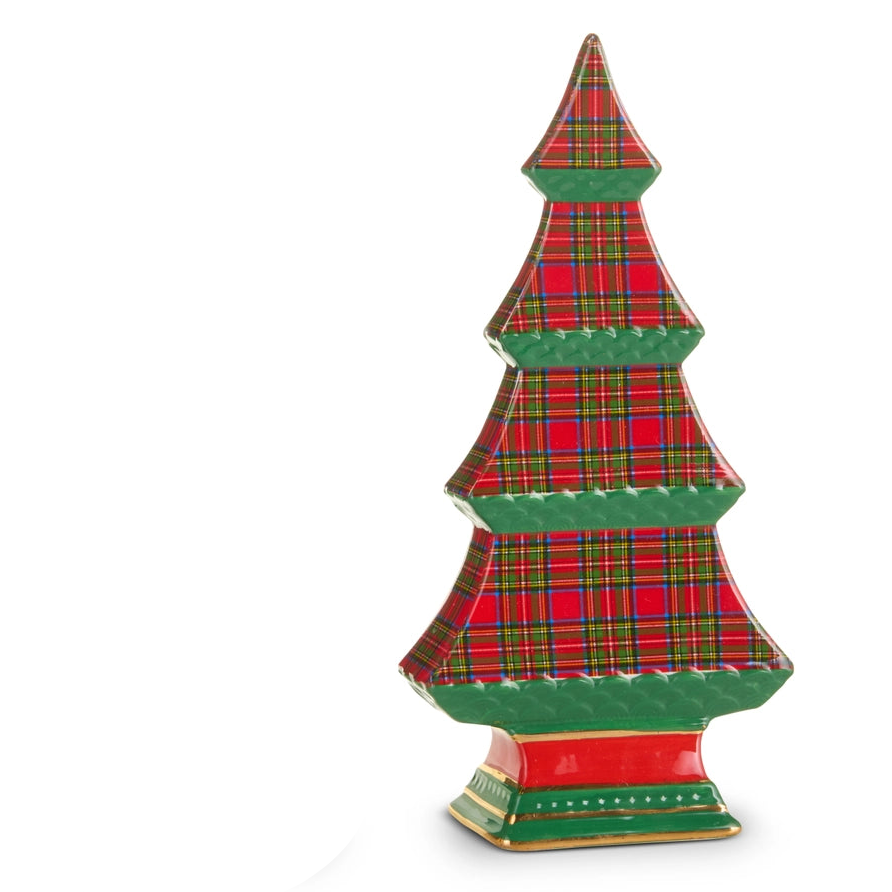 larger ceramic red and green plaid Christmas tree shown on a white background