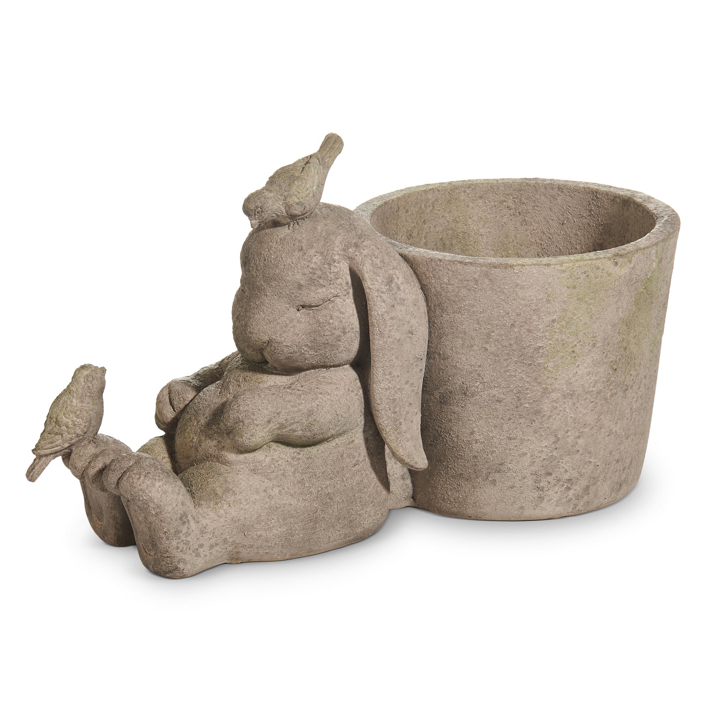stone like sleepy bunny with birds on it leaning agains at container