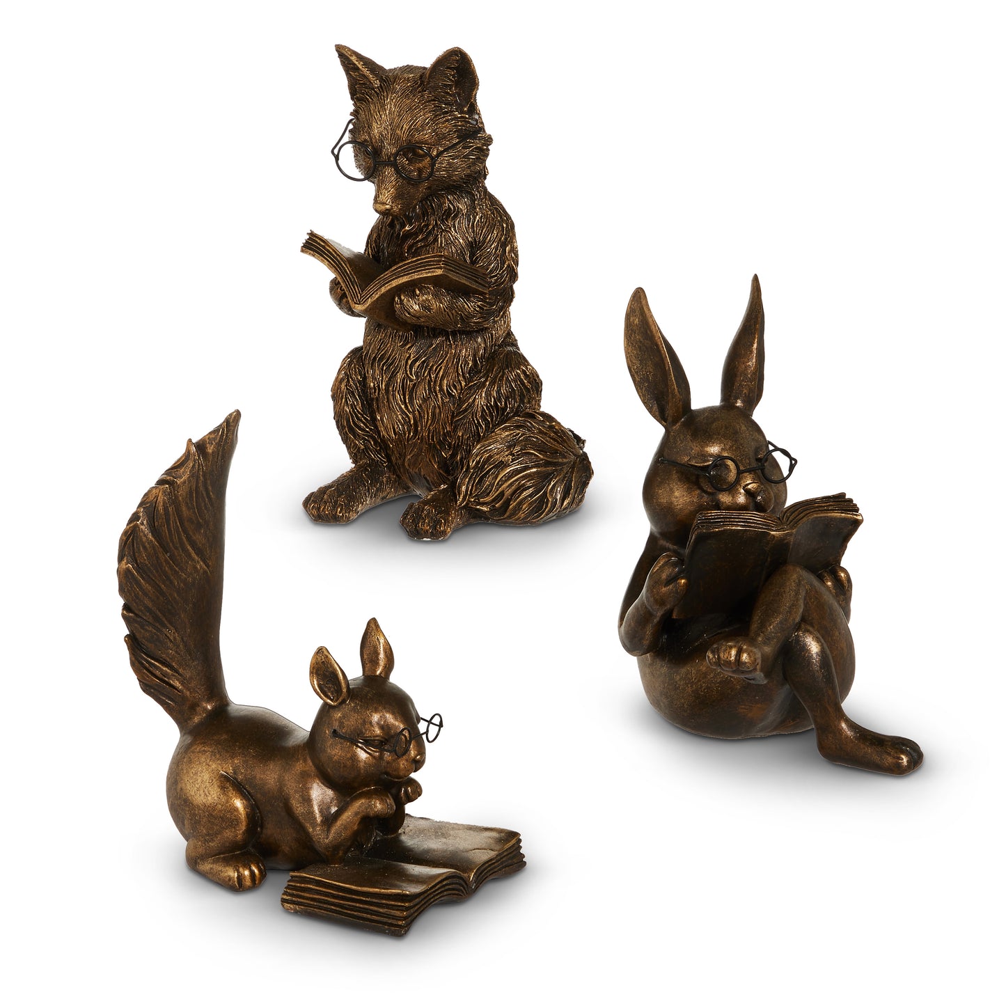 antique gold fox, rabbit, squirrel wearing glasses and reading books shown on a white background