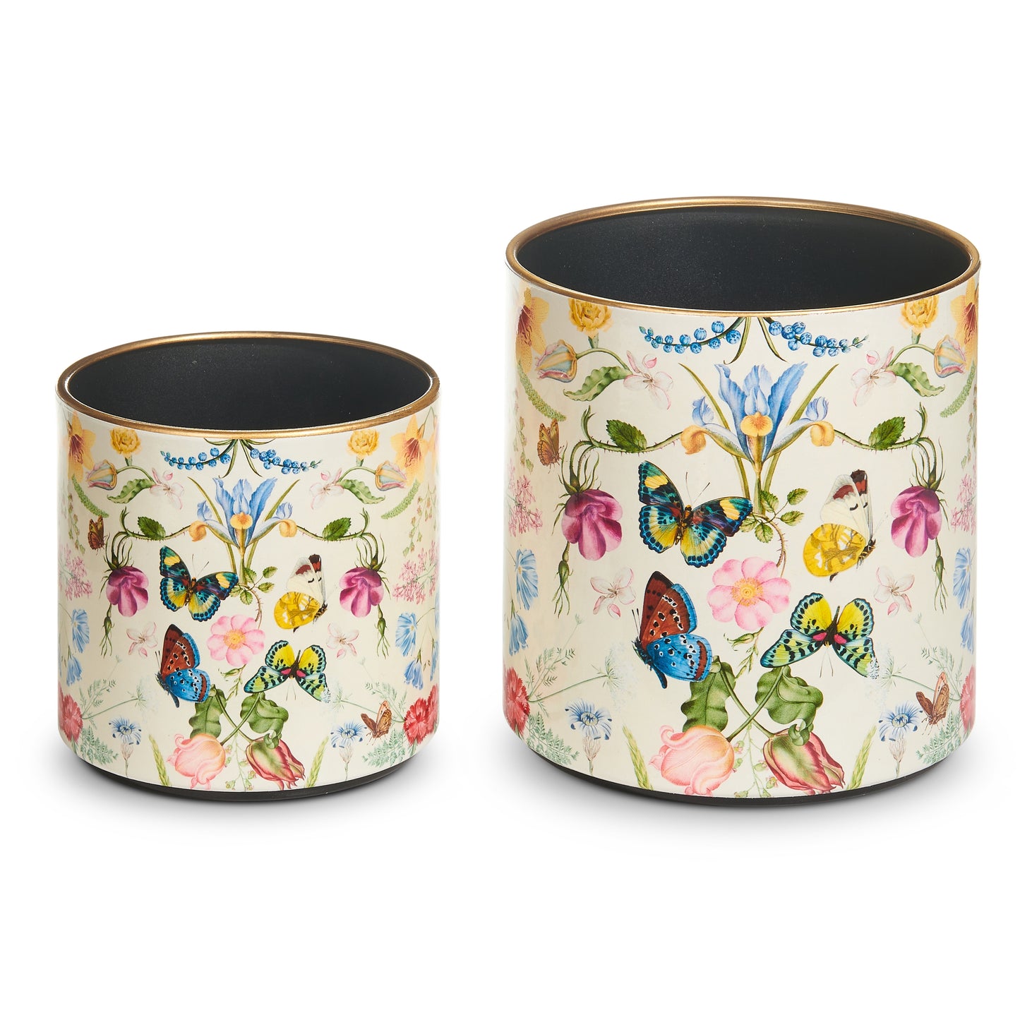 2 containers covered in multicolored florals and butterflies shown on a white background