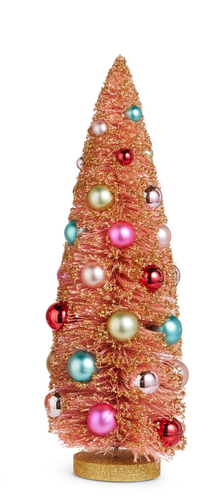 large pink bottle brush trees dusted with gold glitter and embellished with colorful ornaments on a white background