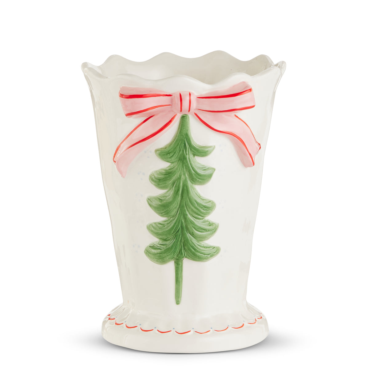 white ceramic vase with painted design of a green christmas tree and painted pink bow on top