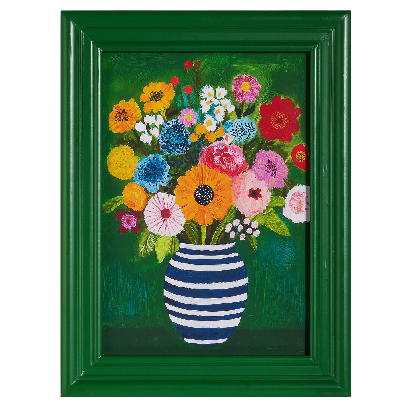 green framed art of black and white stripe vase with multicolor flowers