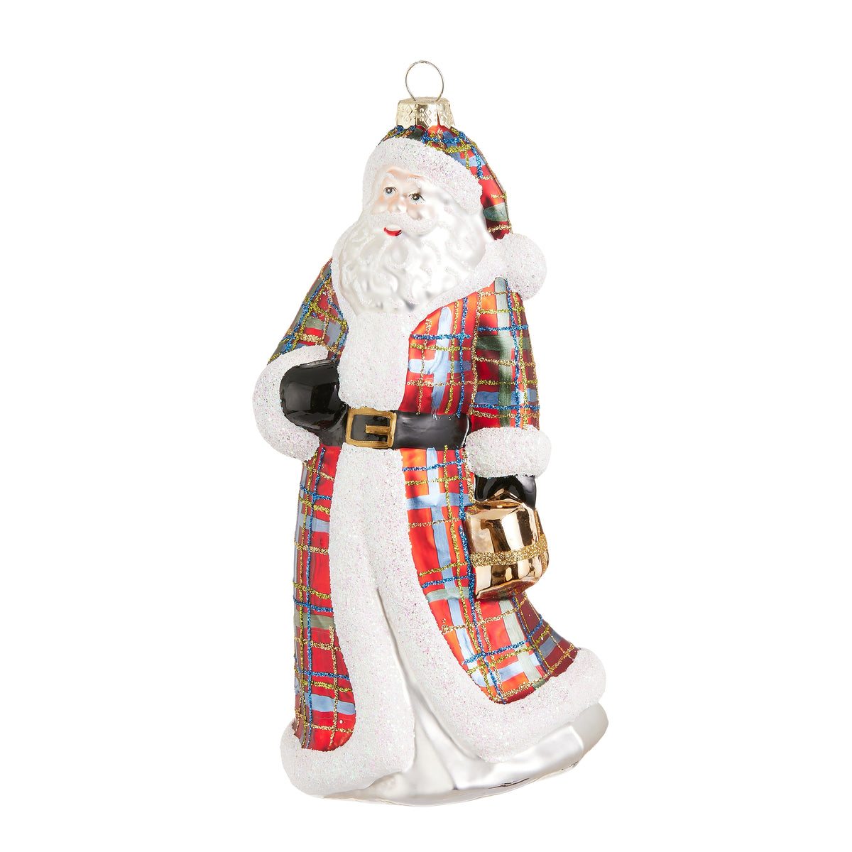 glass ornament of santa wearing red, blue and green plaid long coat with glittered details