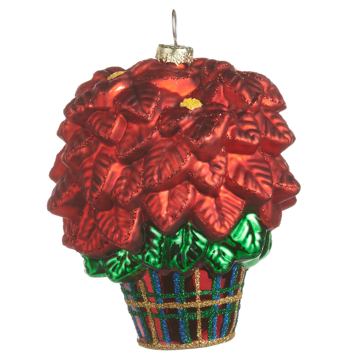 ornament of a Poinsettia in a plaid pot