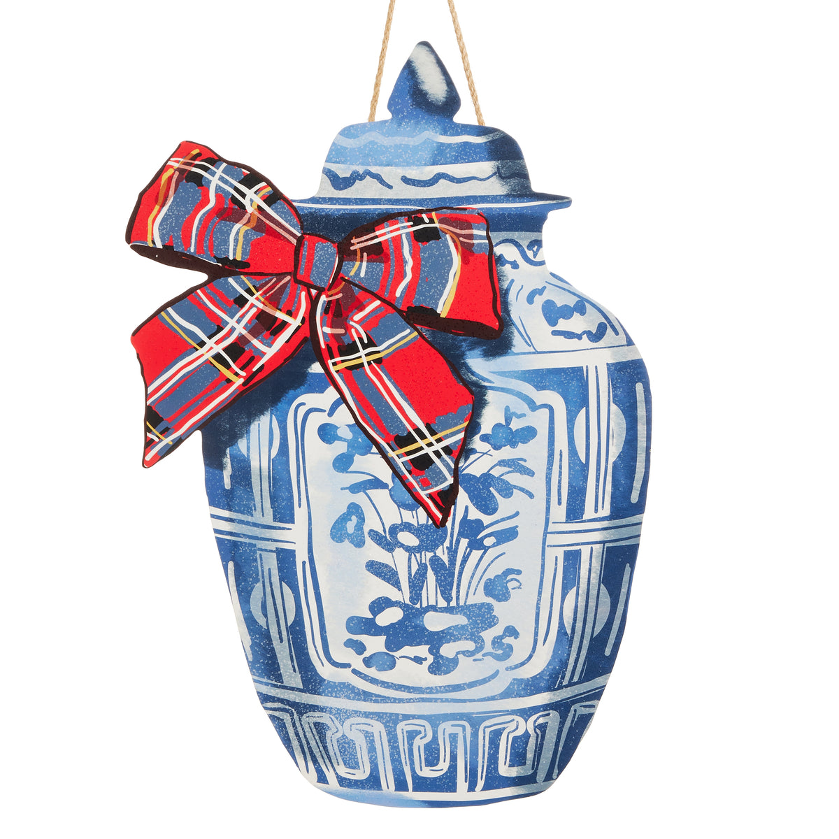 blue and white ginger jar shaped Door Hanger printed with a red plaid bow on the rim shown on a white background