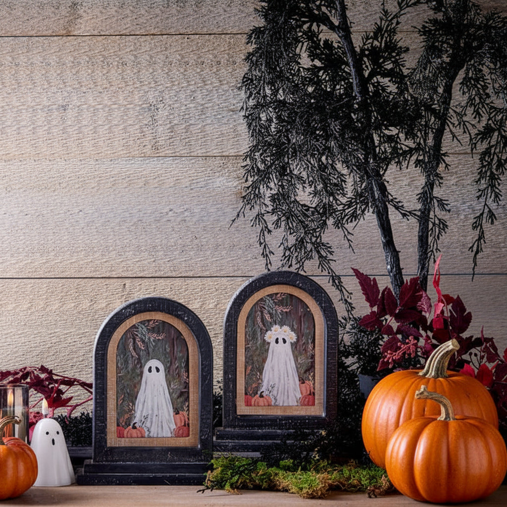 Three Halloween-themed arched black frames with ghost illustrations in them, styled on a rustic wood surface with pumpkins, faux foliage, and a black decorative tree against a wood plank background.