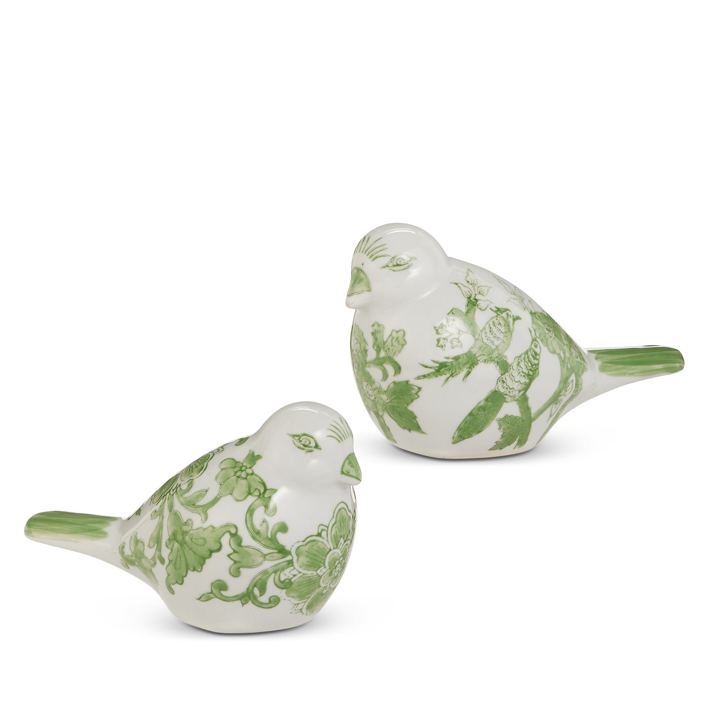 2 white birds with green floral designs shown on a white background