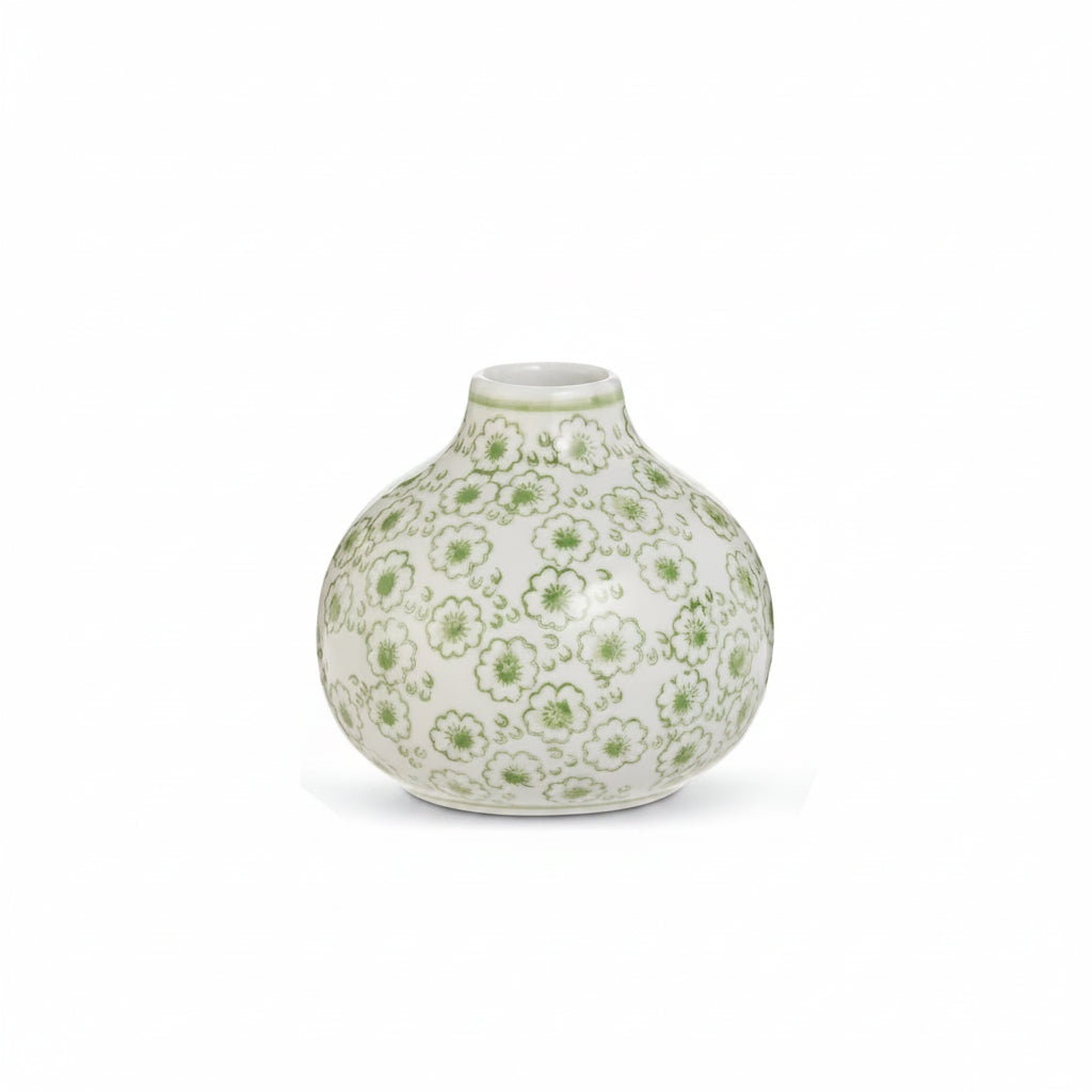 medium white bud vase with green floral design