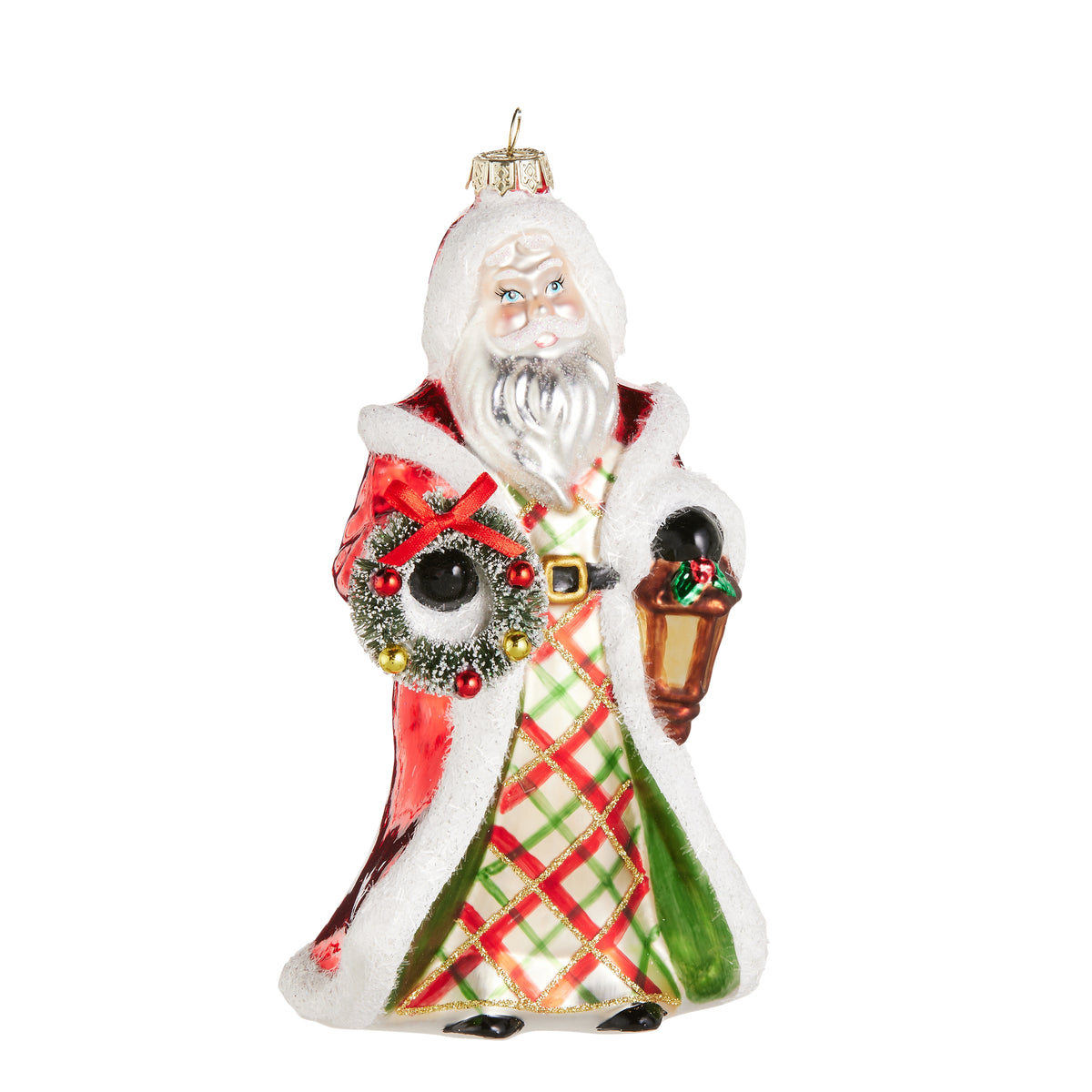 Plaid Santa Ornament on a white background