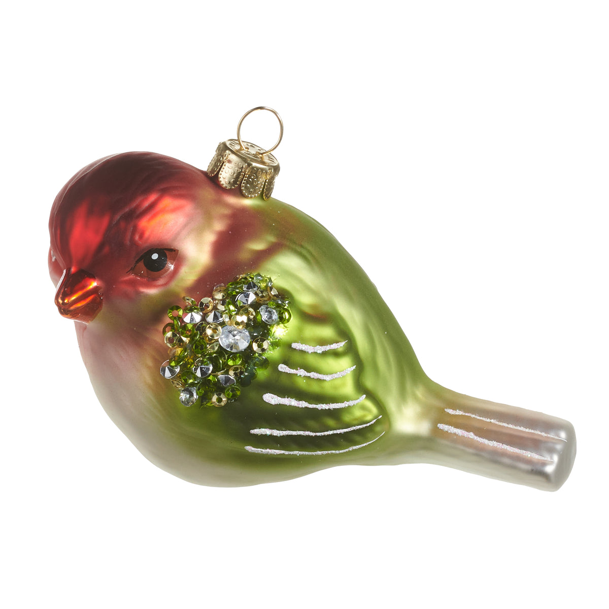 Red and Green Wren Ornament on a white background