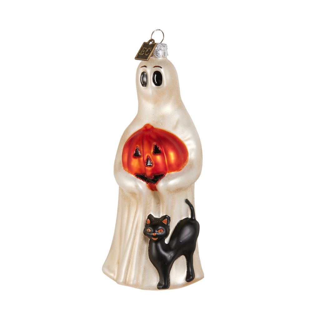 ornament of a ghost holding a jack-o-lantern with a black cat at the feet