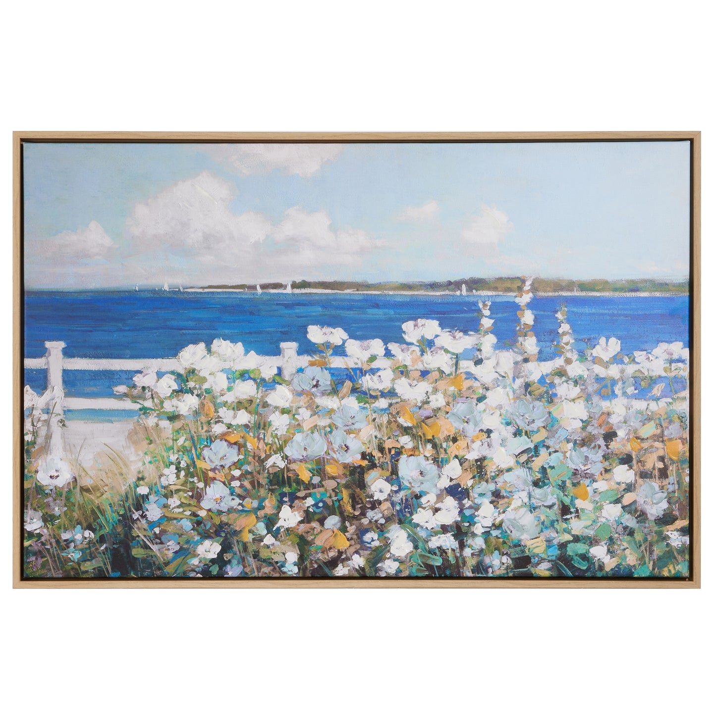 landscape art of a flowered fence in front of a body of water