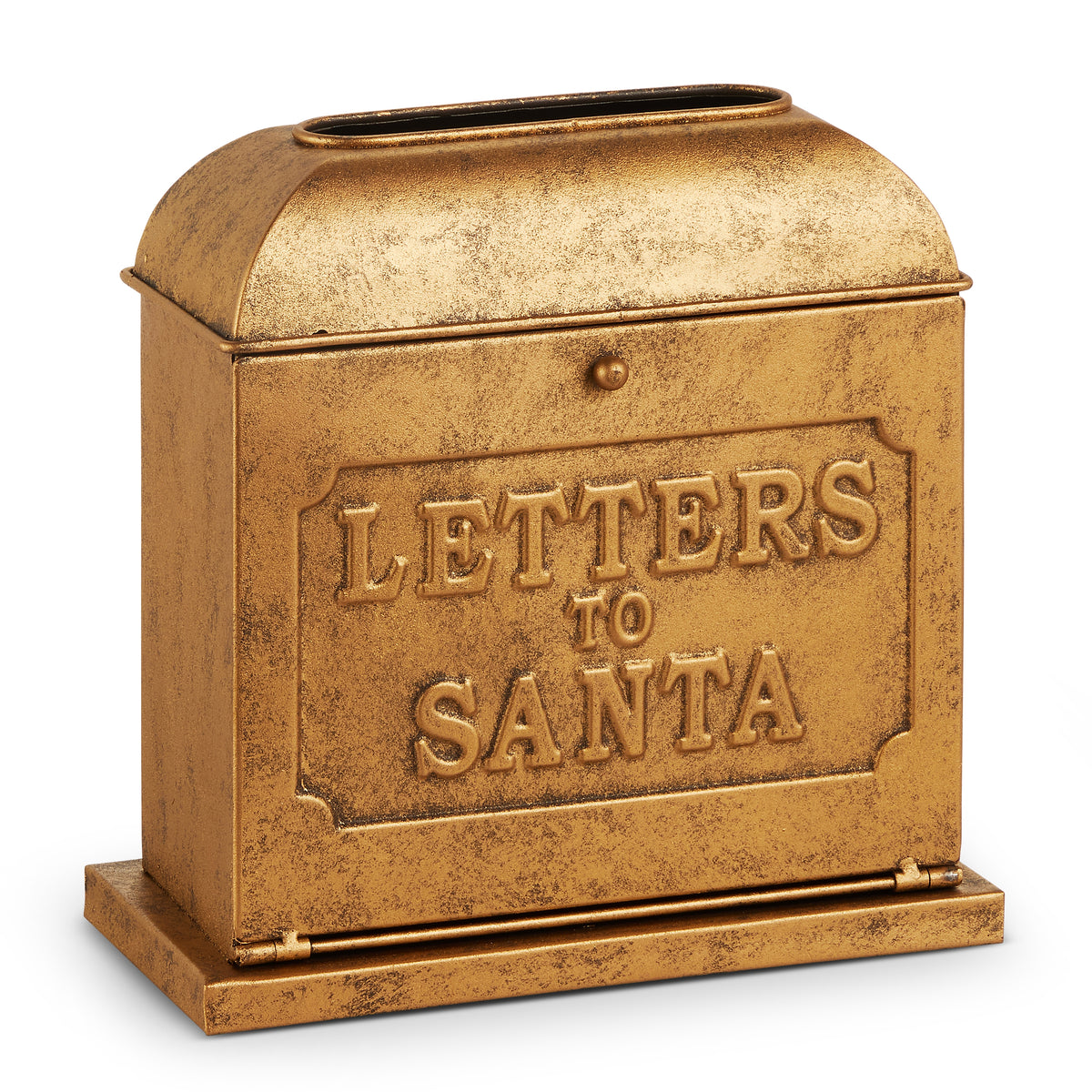 weathered gold mailbox with 'Letters to Santa' text across the front shown on a white background