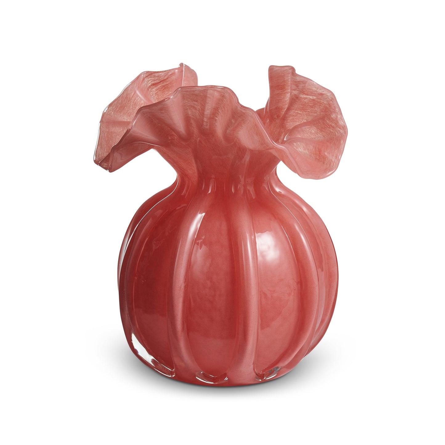 pink glass vase with open ruffle edge