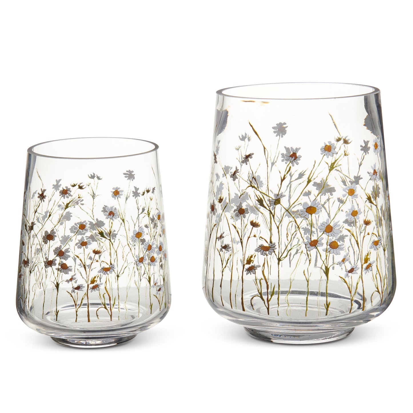 1 small and 1 large clear glass jar covered in pressed wild daisy flowers