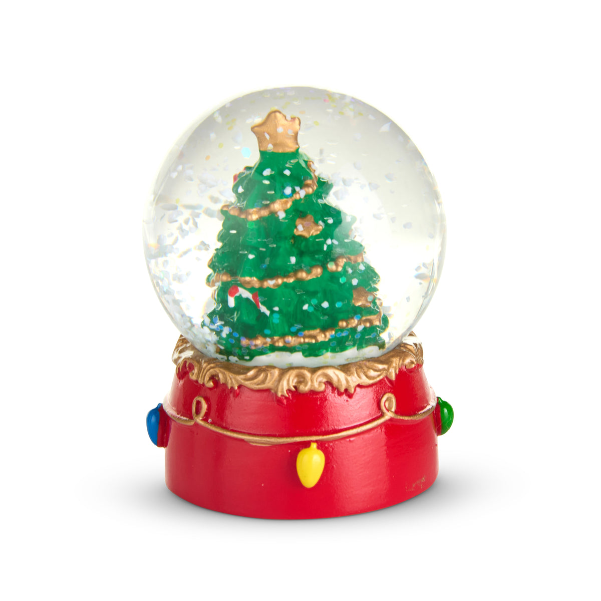 Tree Snow Globe with decorated Christmas tree inside on a red base with christmas lights painted on it shown on a white background