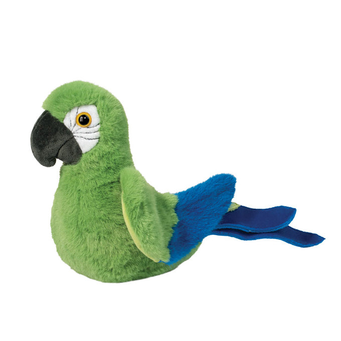 Plush toy parrot with green body, blue tail, and black beak on a white background