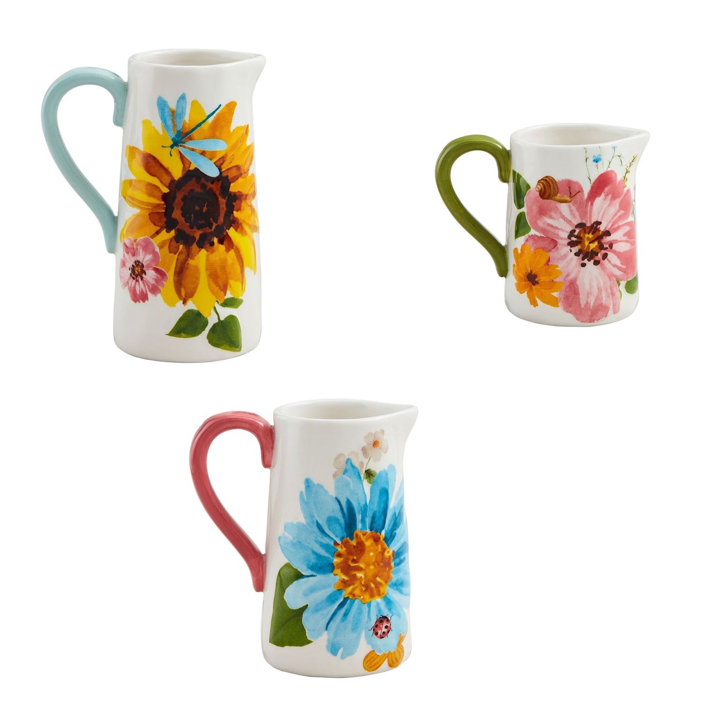 3 styles of floral and bug pitcher vases on a white background.
