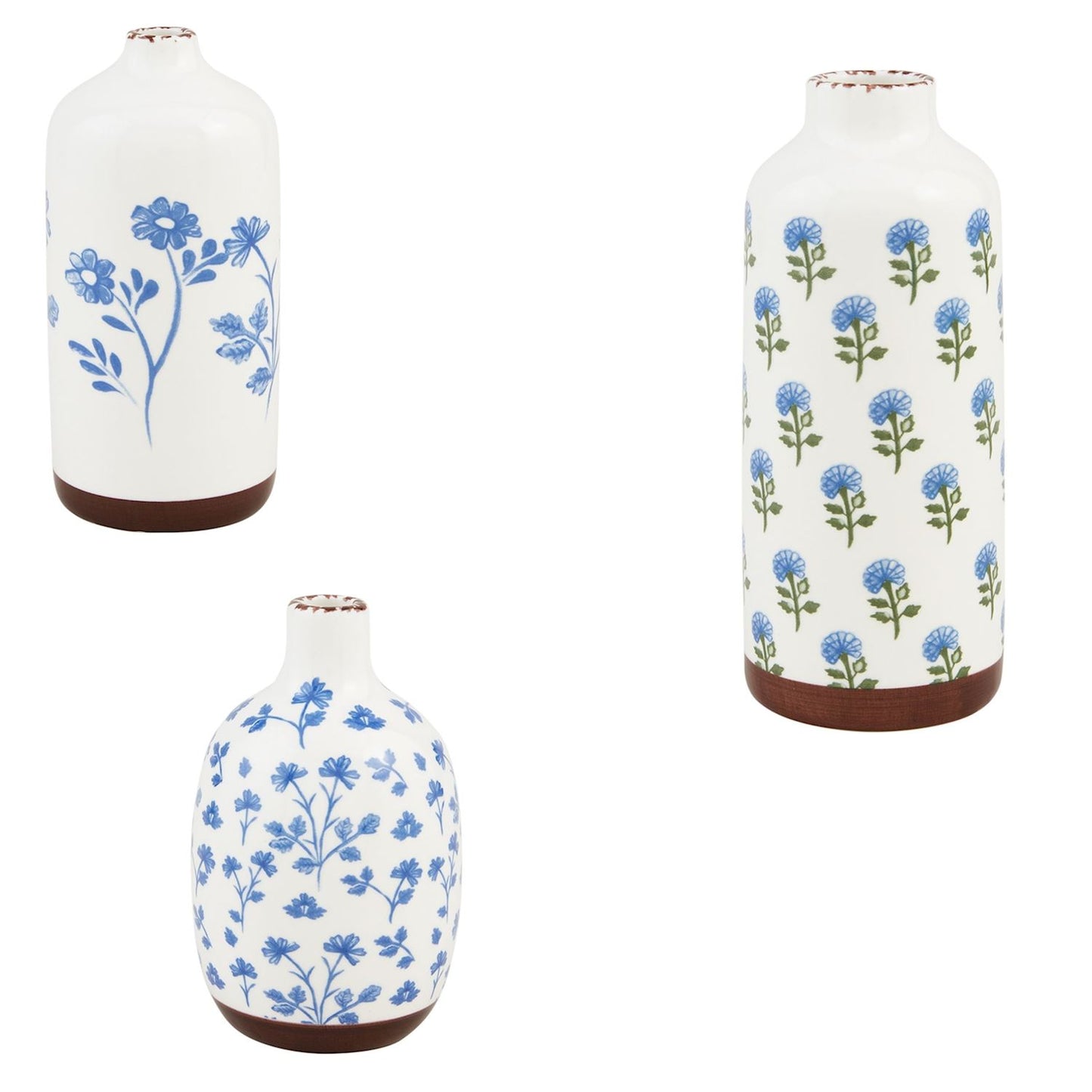 3 sizes and style of blue floral vases on a white background.