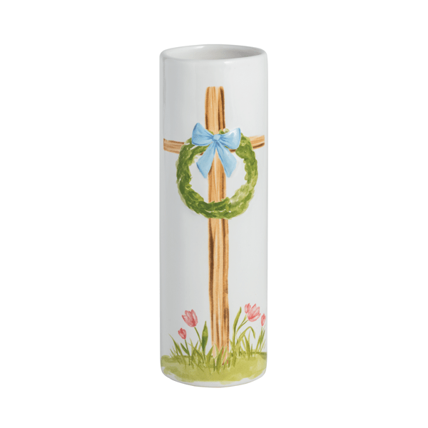 larger white cylinder vase with cross, wreath, and blue bow design painted on .
