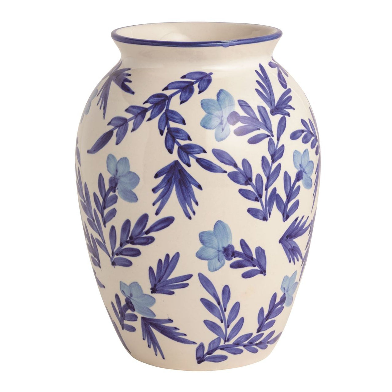 large Ceramic vase with blue floral pattern on a white background