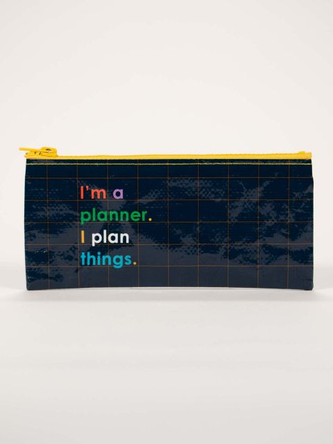 I'm A Planner Pencil Case is navy with text listed in title, yellow zipper and displayed against a white background