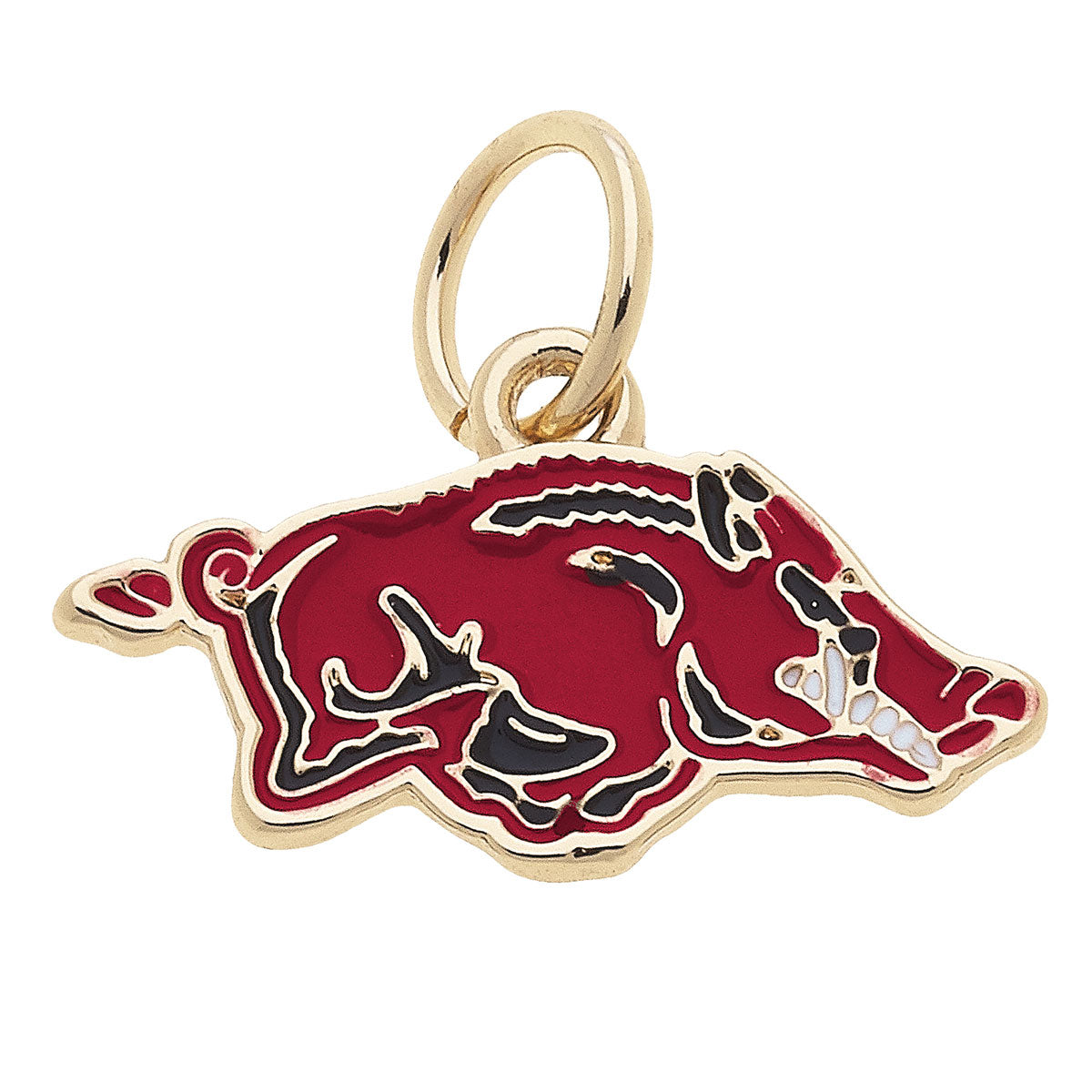Gold and red Arkansas Razorbacks logo charm on a white background