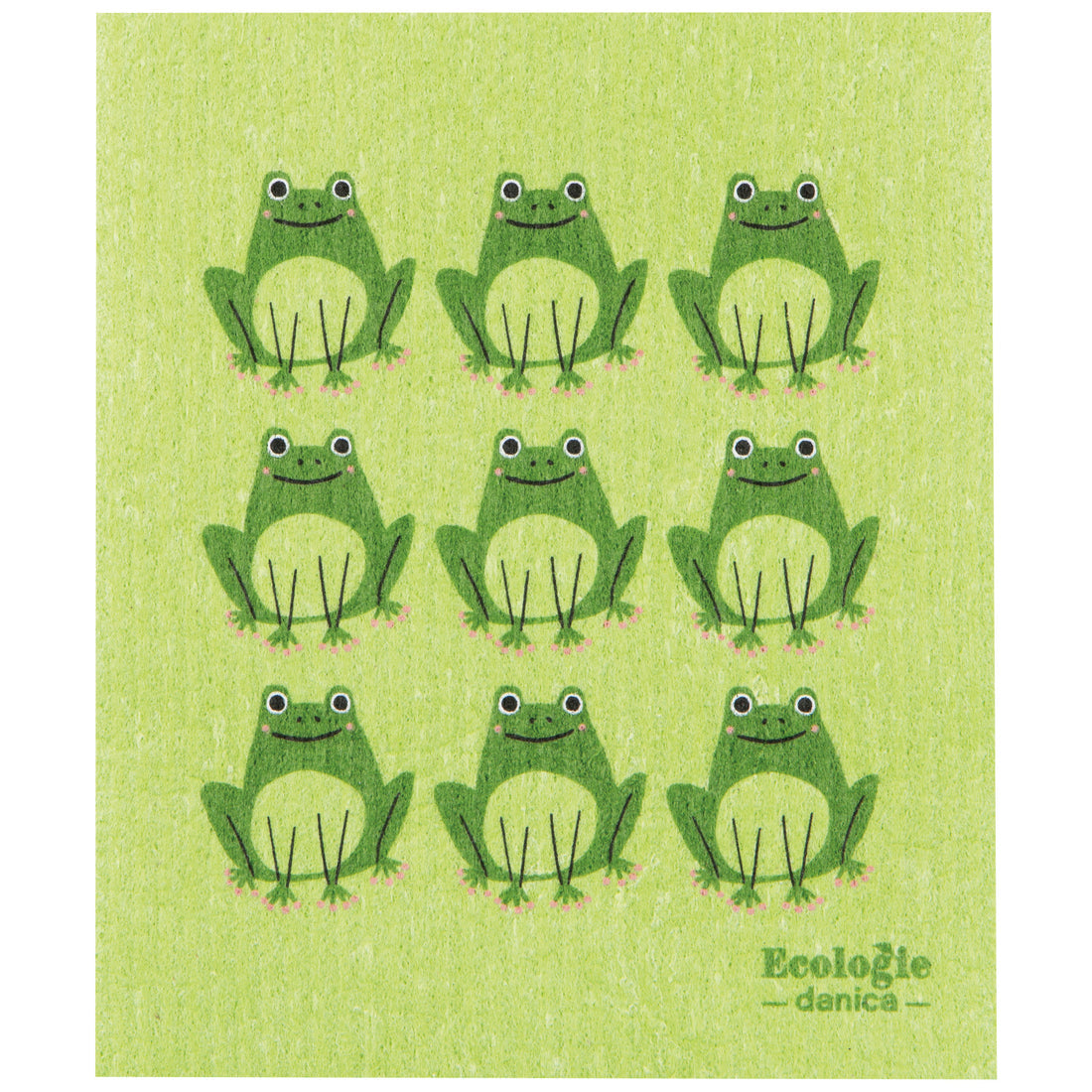 green dishcloth with darker green frogs printed on it