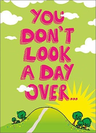 front of card is hot pink lettering on a green background with a cartoon hill and trees and sun