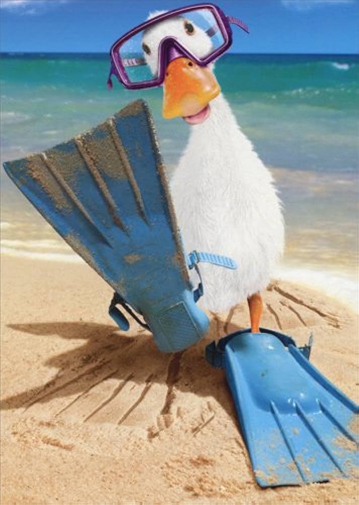 front of card is a white duck with a scuba mask and flippers on standing on the beach