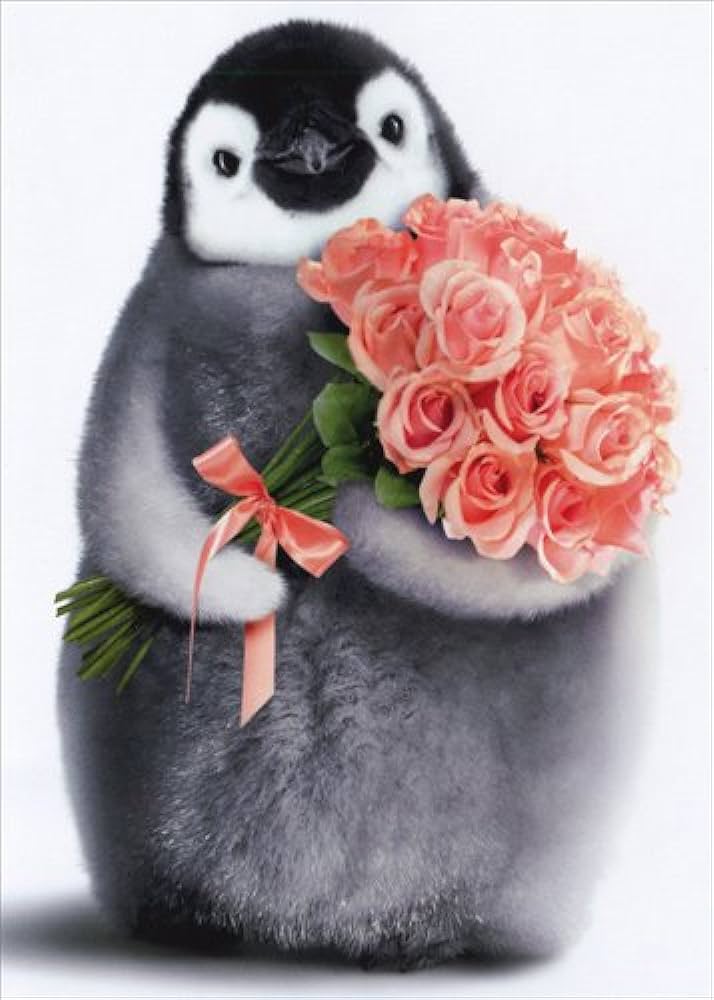 front of card is a penguin holding a bouquet of pink roses