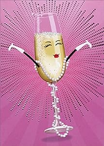 front of card is a champagne flute with arms and eyes and pearls on a pink background
