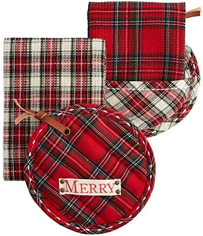 Mud Pie Merry Dish Towel Set, Buffalo Plaid