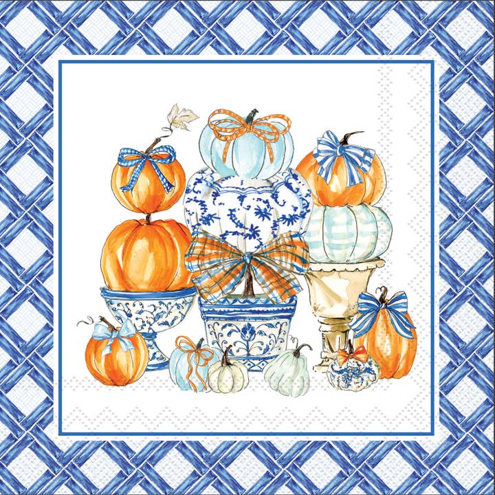 Chinoiserie Pumpkin Topiary Cocktail Napkin with topiary stacks of white, orange, and blue pumpkins tied with little bows and a blue lattice boarder